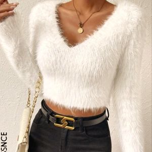 Solid V Neck Crop Fuzzy Sweater